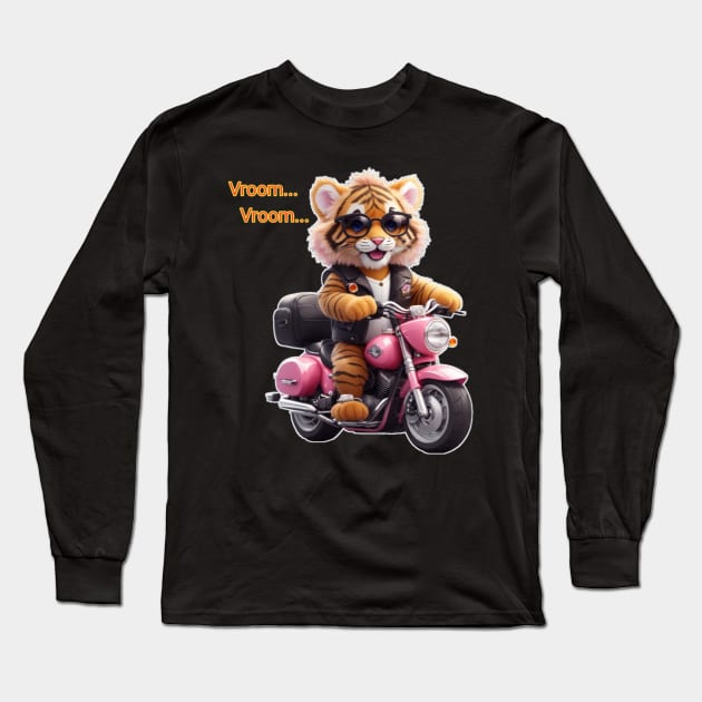 cute tiger with sunglasses raiding pink bike funny Long Sleeve T-Shirt by sukhendu.12